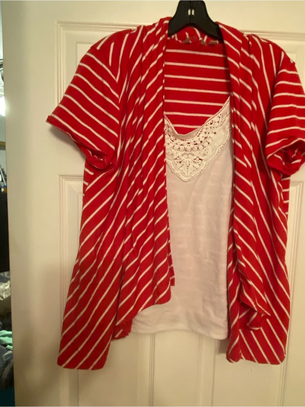 Coral Bay Red and White Striped Cardigan with White Lace-Trim Tank